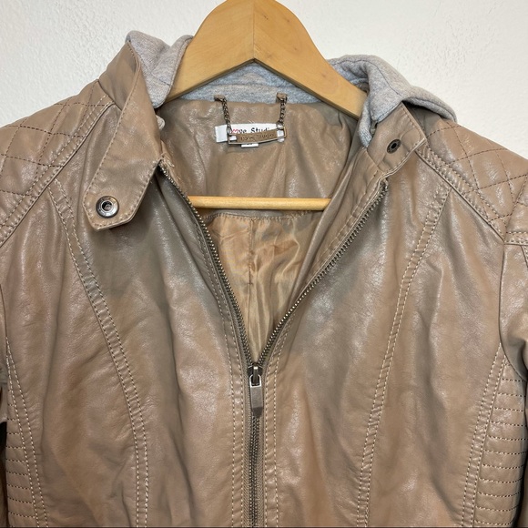 LOVE STUDIO Faux Leather Hoodie Jacket Light Brown - Picture 2 of 12